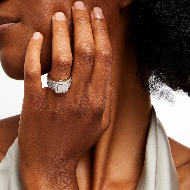 Main Image 2 of 1.50 CT. T.W. Quad Princess-Cut Diamond Framed Bridal Set in 14K White Gold