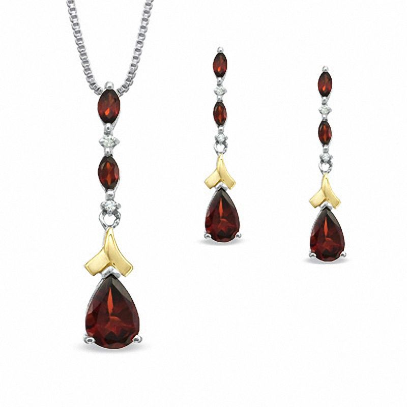 Pear-Shaped Garnet and Diamond Accent Pendant and Earrings Set in Sterling Silver and 14K Gold|Peoples Jewellers