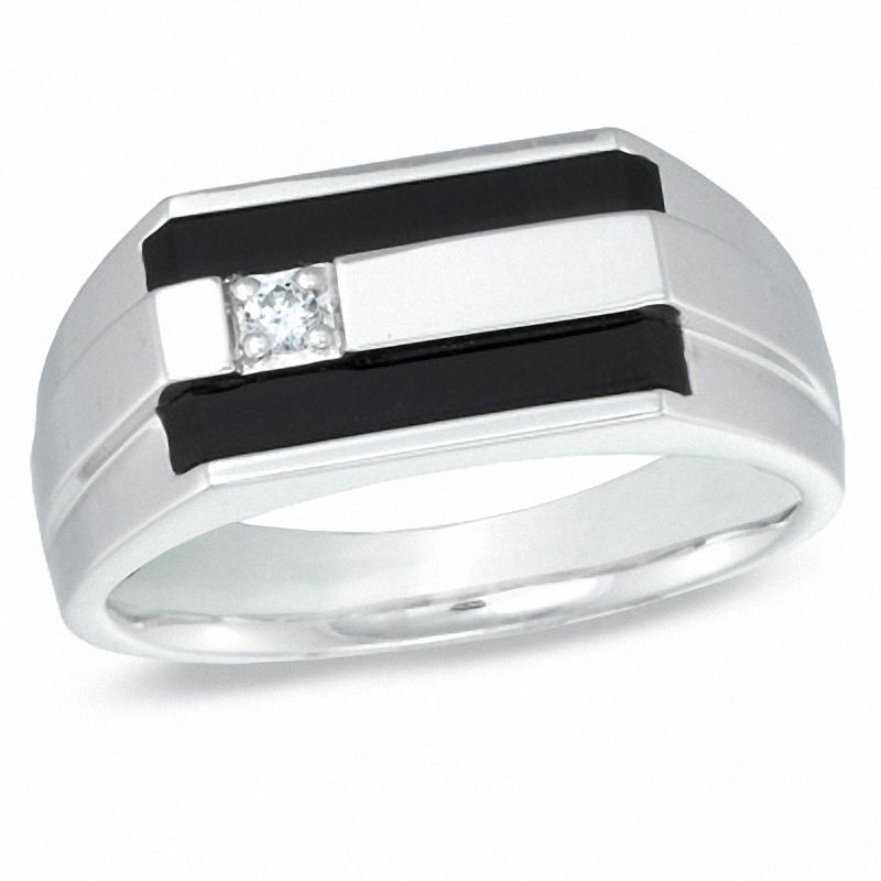 Men's Double Row Onyx and Diamond Accent Ring in 10K White Gold
