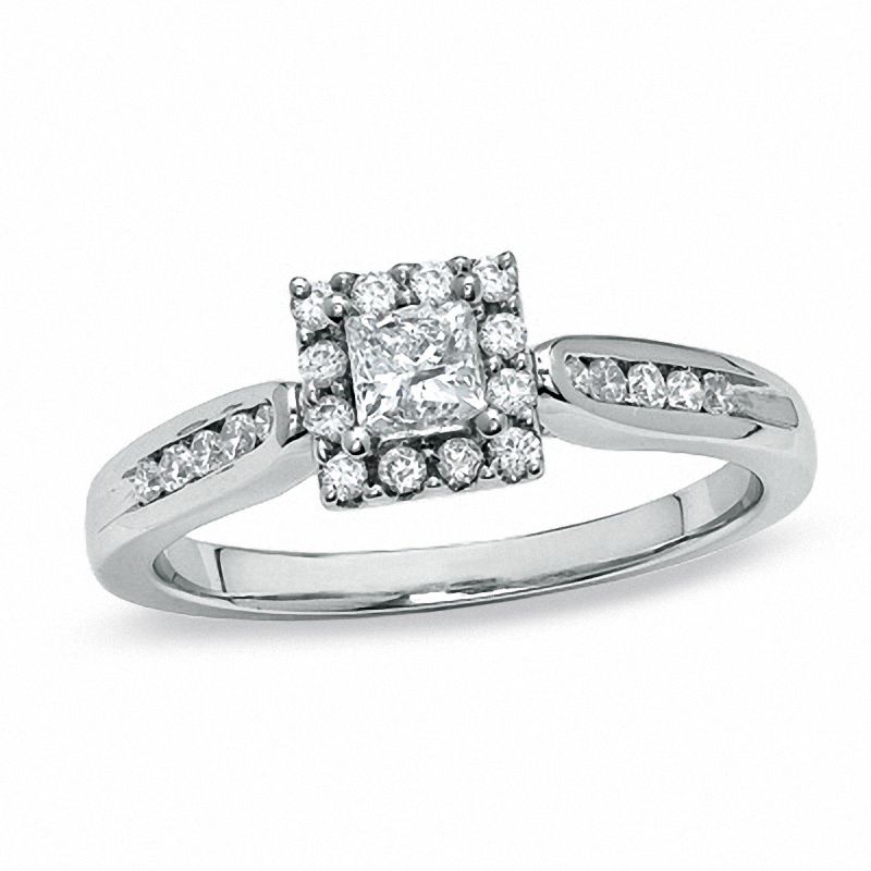 0.50 CT. T.W. Princess-Cut Diamond Frame Engagement Ring in 14K White ...