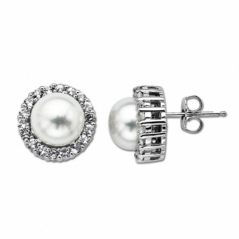 9.0mm Baroque Cultured Freshwater Pearl and White Topaz Stud Earrings in Sterling Silver