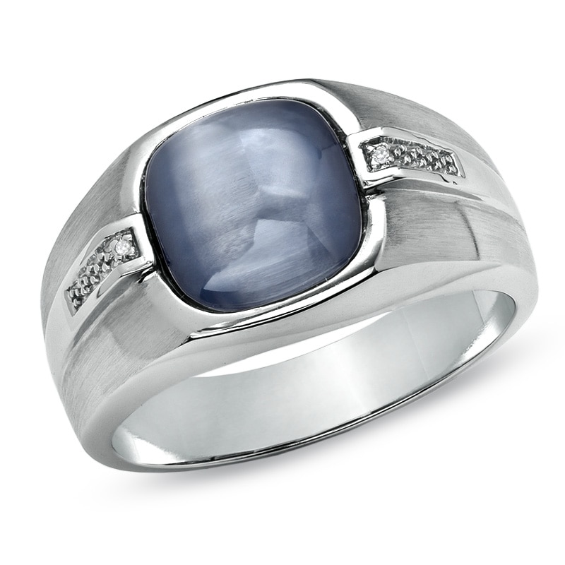 Men's 10.0mm Cushion-Cut Cat's Eye Ring in 10K White Gold With Diamond Accents