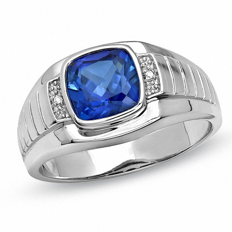 Men's 8.0mm Cushion-Cut Lab-Created Blue Sapphire Ring in 10K White Gold with Diamond Accents|Peoples Jewellers