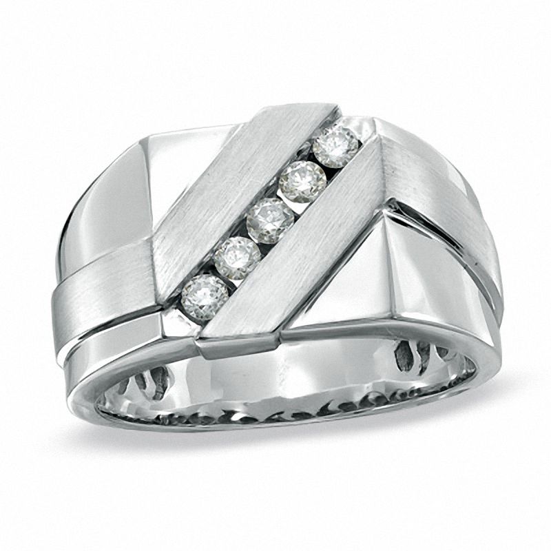 Main Image 1 of Men's 0.33 CT. T.W. Diamond Diagonal Square Top Ring in 10K White Gold