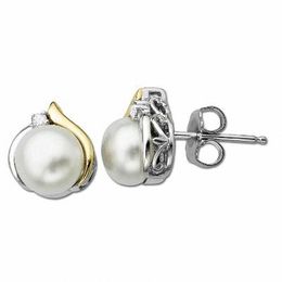 7.0mm Cultured Freshwater Pearl and Diamond Accent Teardrop Stud Earrings in Sterling Silver and 14K Gold
