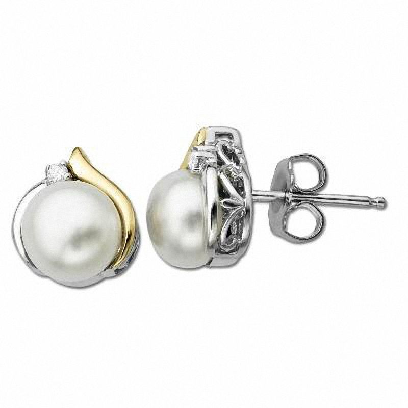 7.0mm Cultured Freshwater Pearl and Diamond Accent Teardrop Stud Earrings in Sterling Silver and 14K Gold|Peoples Jewellers