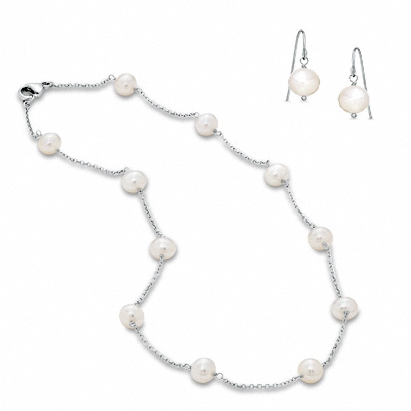 Honora 7.5-8.0mm Cultured Freshwater Pearl Illusion Necklace and Earrings Set in Sterling Silver|Peoples Jewellers