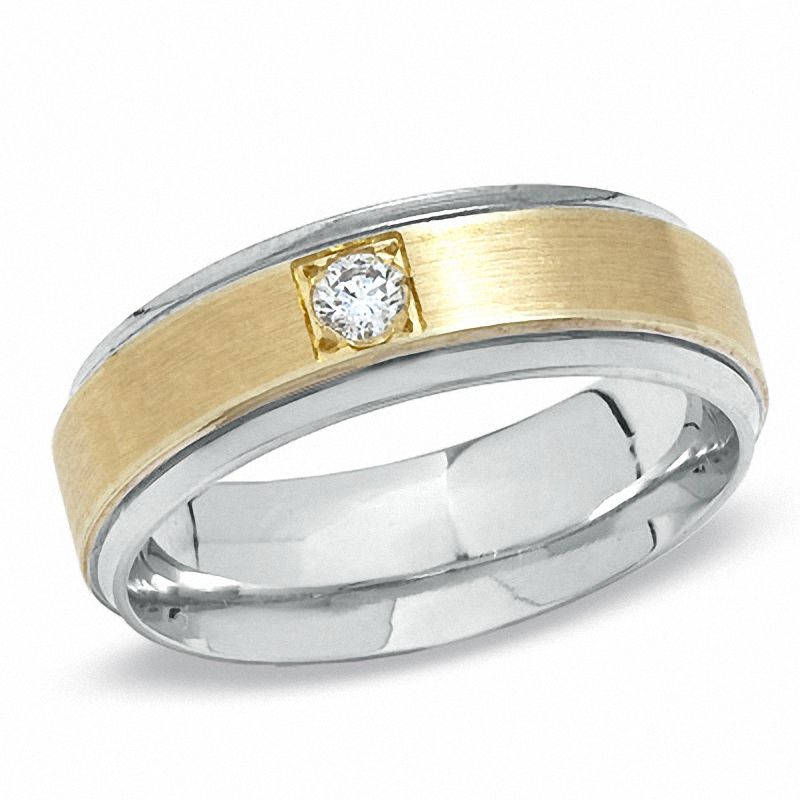 Ladies' Diamond Solitaire Accent Wedding Band in 10K Two-Tone Gold - Size 7