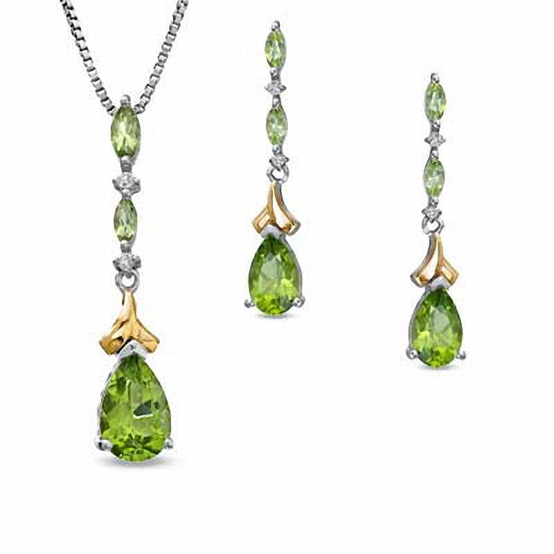 Pear-Shaped Peridot and Diamond Accent Pendant and Earrings Set in Sterling Silver and 14K Gold|Peoples Jewellers