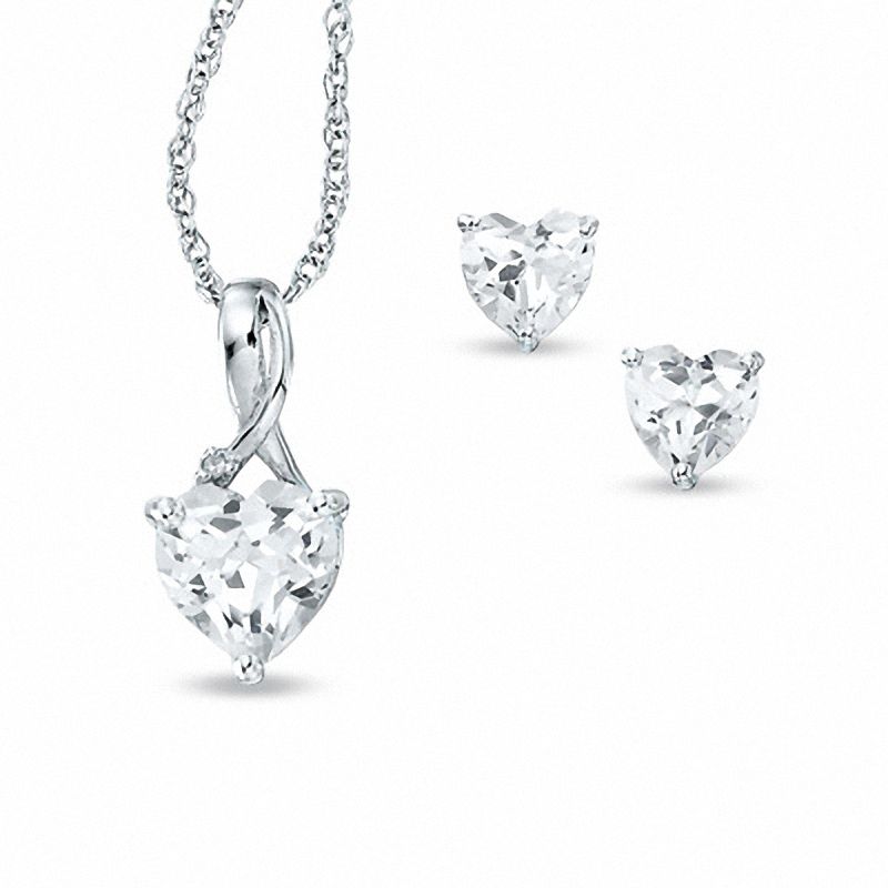 Heart-Shaped White Lab-Created Sapphire and Diamond Accent Pendant and Stud Earrings Set in Sterling Silver|Peoples Jewellers