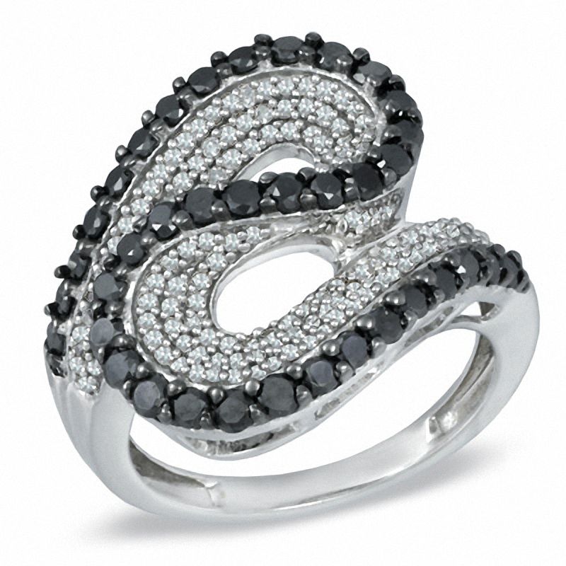 1.50 CT. T.W. Enhanced Black and White Diamond Wave Ring in 10K White Gold