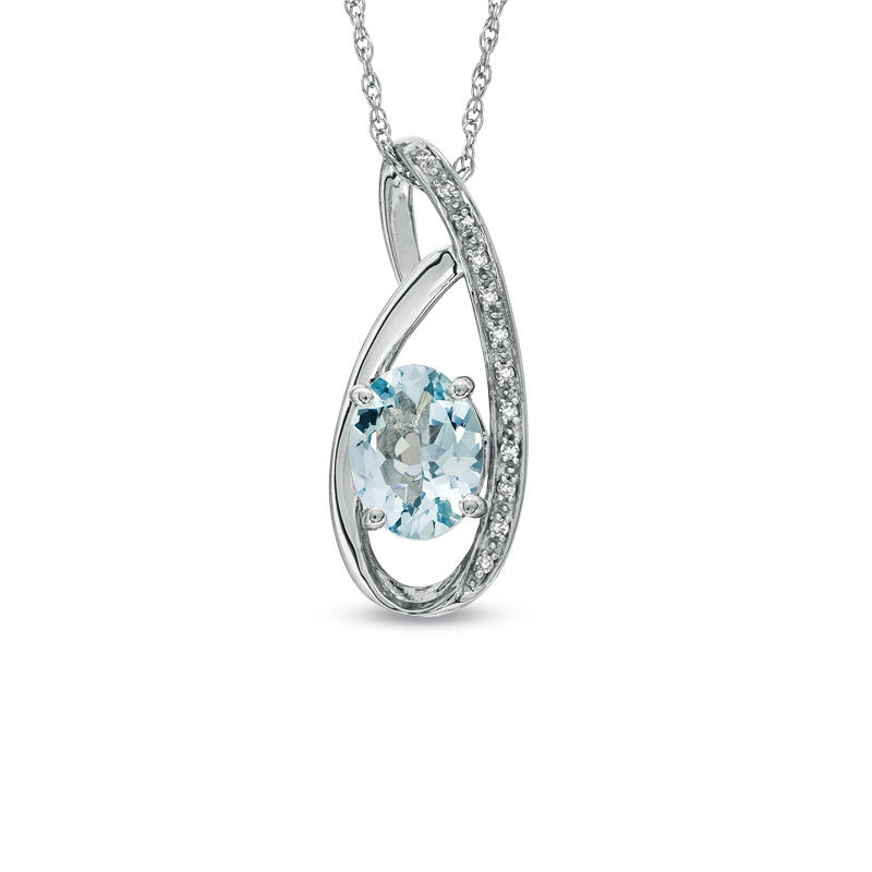 Oval Aquamarine and Diamond Accent Pendant in Sterling Silver|Peoples Jewellers