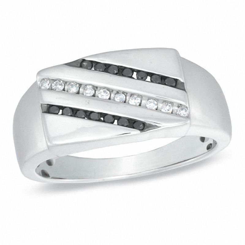 Men's 0.25 CT. T.W. Enhanced Black and White Diamond Flat-Top Ring in Sterling Silver