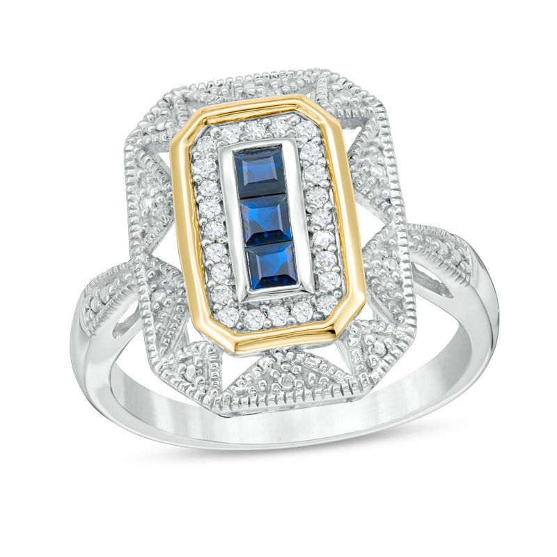 Princess-Cut Blue Sapphire and 0.11 CT. T.W. Diamond Vintage-Style Ring in Sterling Silver and 14K Gold|Peoples Jewellers