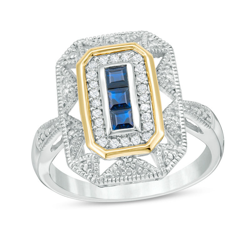 Princess-Cut Blue Sapphire and 0.11 CT. T.W. Diamond Vintage-Style Ring in Sterling Silver and 14K Gold