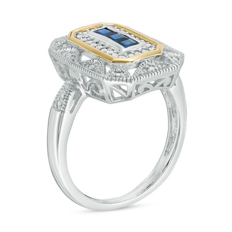 Main Image 2 of Princess-Cut Blue Sapphire and 0.11 CT. T.W. Diamond Vintage-Style Ring in Sterling Silver and 14K Gold