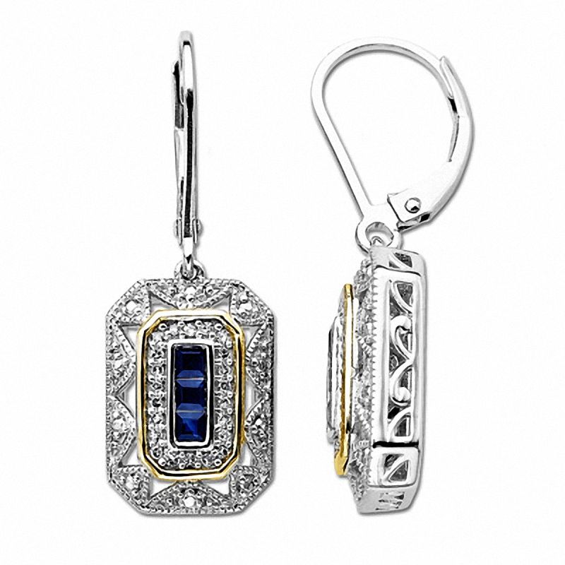 Princess-Cut Blue Sapphire and 0.12 CT. T.W. Diamond Vintage-Style Drop Earrings in Sterling Silver and 14K Gold