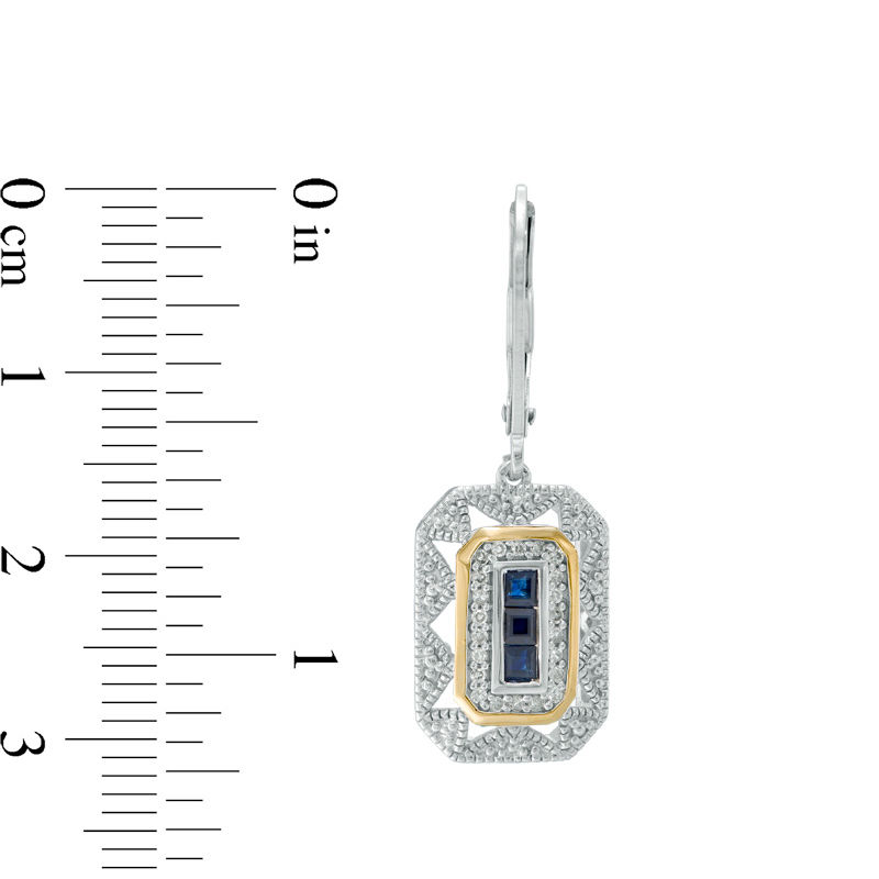 Main Image 2 of Princess-Cut Blue Sapphire and 0.12 CT. T.W. Diamond Vintage-Style Drop Earrings in Sterling Silver and 14K Gold