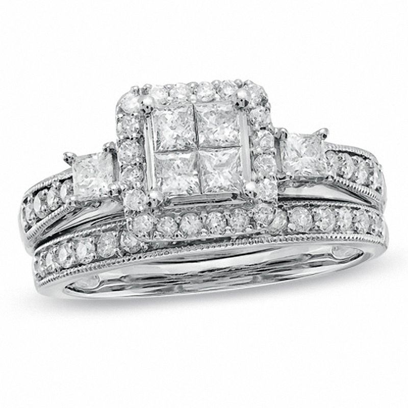 1.00 CT. T.W. Quad Princess-Cut Diamond Bridal Set in 10K White Gold ...