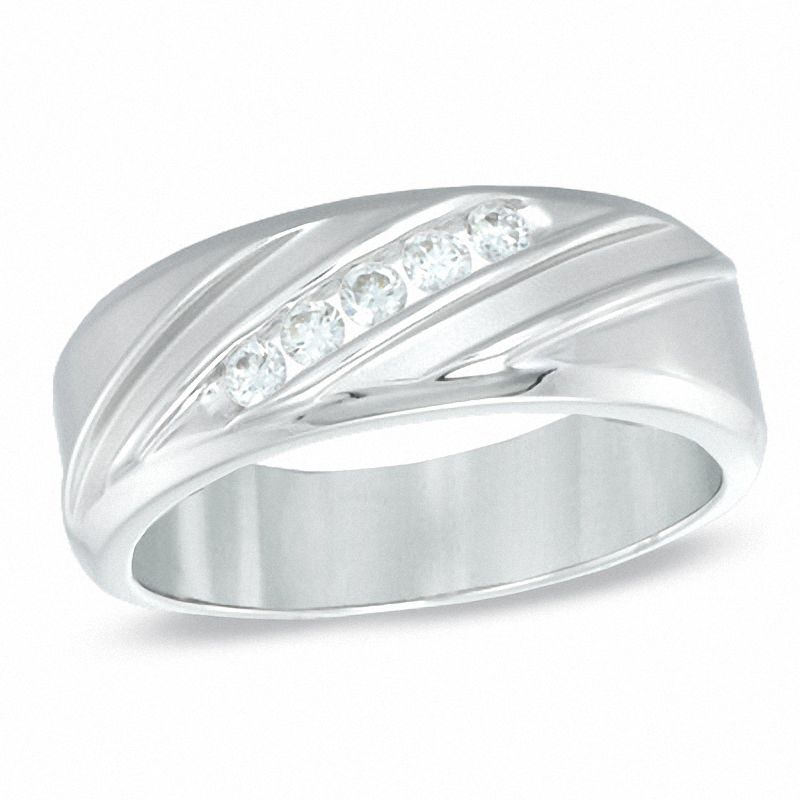 Men's 0.25 CT. T.W. Diamond Slant Wedding Band in 10K White Gold|Peoples Jewellers