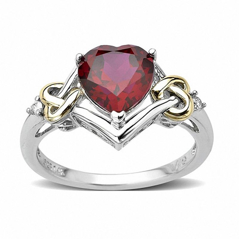 8.0mm Heart-Shaped Lab-Created Ruby and Diamond Accent Love Knot Ring in Sterling Silver and 14K Gold