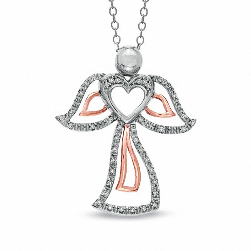 0.11 CT. T.W. Diamond Outline Heart Angel Pendant in Sterling Silver and 10K Rose Gold|Peoples Jewellers