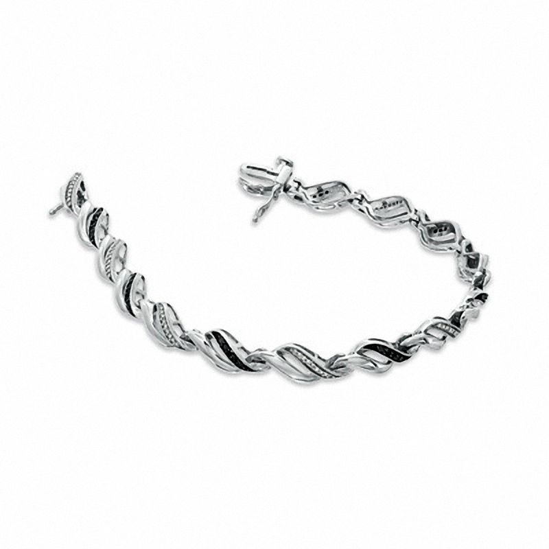 Main Image 2 of 0.33 CT. T.W. Enhanced Black and White Diamond Waves Bracelet in Sterling Silver - 7.25"
