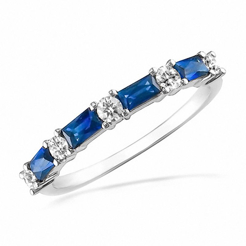 0.22 CT. T.W. Diamond and Baguette Blue Sapphire Band in 14K White Gold|Peoples Jewellers