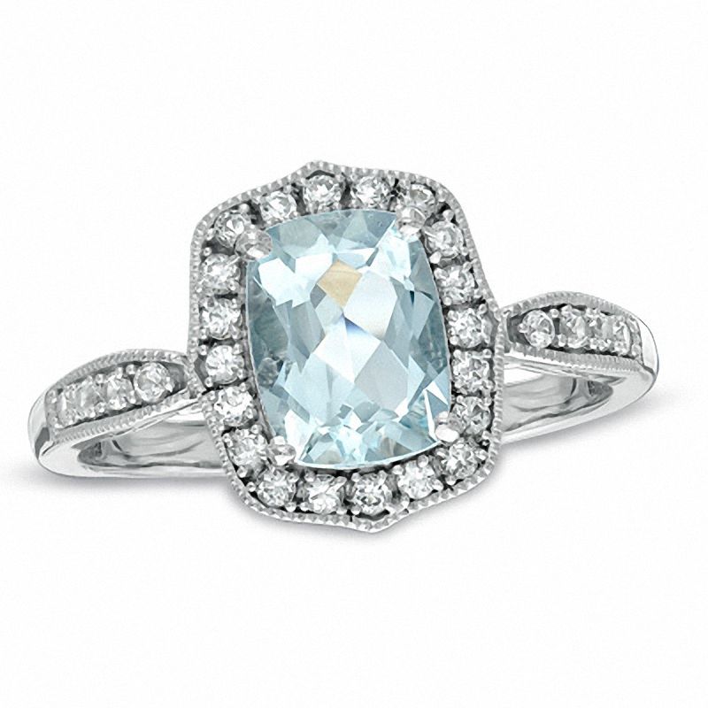 Cushion-Cut Aquamarine and Lab-Created White Sapphire Frame Ring in Sterling Silver