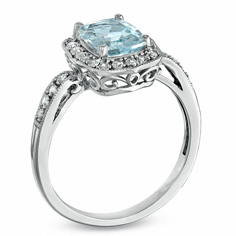 Cushion-Cut Aquamarine and Lab-Created White Sapphire Frame Ring in Sterling Silver