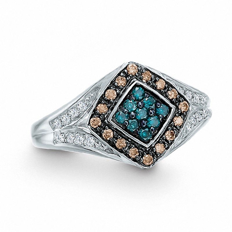 Main Image 1 of 0.33 CT. T.W. Enhanced Blue, Champagne and White Diamond Ring in 10K White Gold