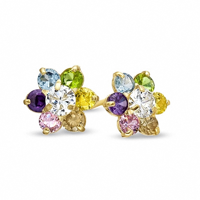 Child's Multi-Colour Cubic Zirconia Flower Earrings in 14K Gold|Peoples Jewellers