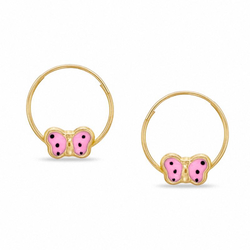 Child's Pink Enamel Butterfly Hoop Earrings in 14K Gold|Peoples Jewellers