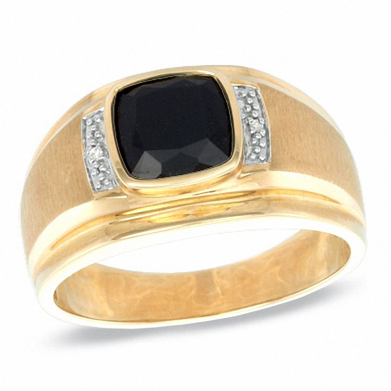 Men's 8.0mm Cushion-Cut Onyx and Diamond Accent Ring in 10K Gold|Peoples Jewellers