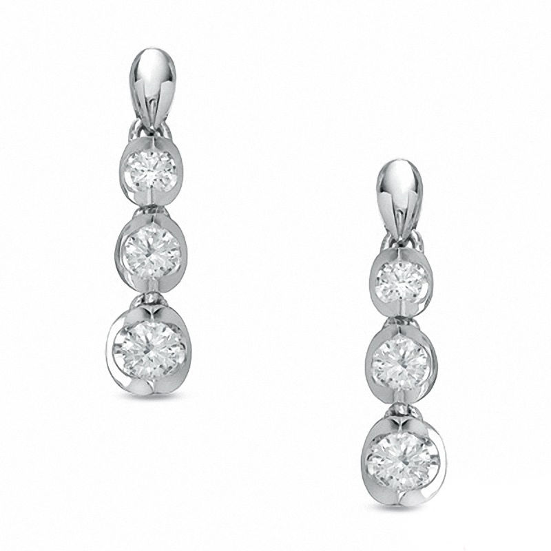 0.50 CT. T.W. Canadian Certified Diamond Three Stone Drop Earrings in 14K White Gold|Peoples Jewellers