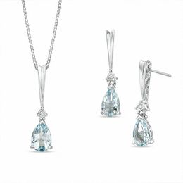 Pear-Shaped Aquamarine and Diamond Accent Stick Pendant and Earrings Set in Sterling Silver