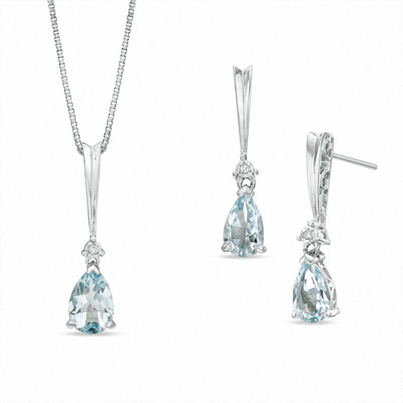 Pear-Shaped Aquamarine and Diamond Accent Stick Pendant and Earrings Set in Sterling Silver|Peoples Jewellers