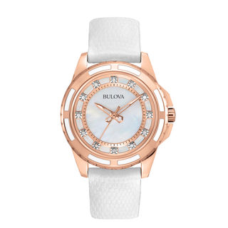 Ladies' Bulova Classic Diamond Accent Rose-Tone Watch with Mother-of-Pearl Dial (Model: 98P119)