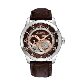 Men's Bulova Mechanical Strap Watch with Brown Skeleton Dial (Model: 96A120)
