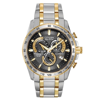 Men's Citizen Eco-Drive® PCAT Chronograph Two-Tone Watch with Black Dial (Model: AT4004-52E)
