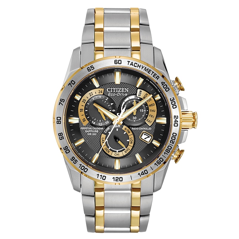 Men's Citizen Eco-Drive® PCAT Chronograph Two-Tone Watch with Black Dial (Model: AT4004-52E)|Peoples Jewellers