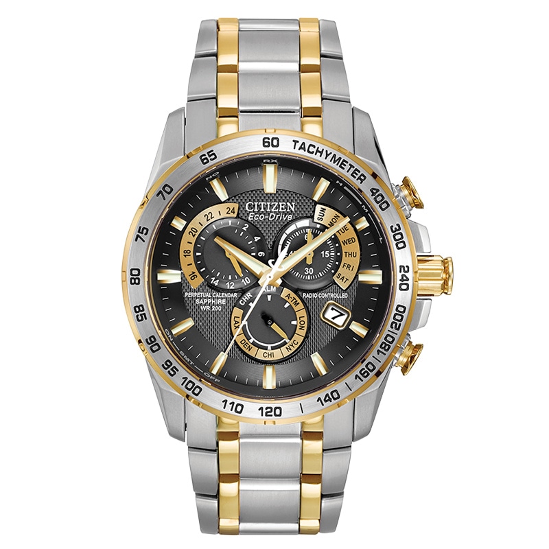 Men's Citizen Eco-Drive® PCAT Chronograph Two-Tone Watch with Black Dial (Model: AT4004-52E)