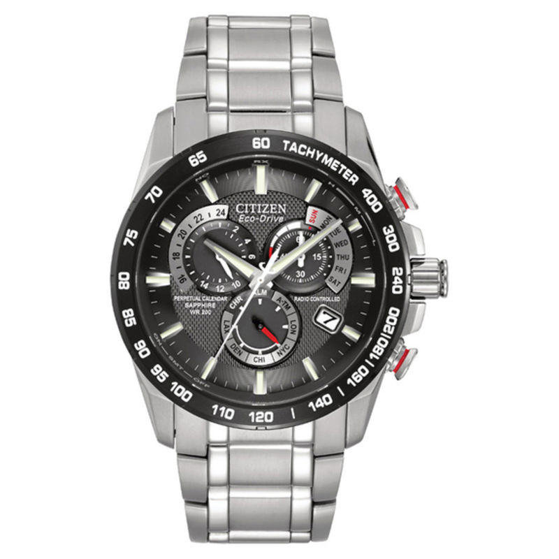 Men's Citizen Eco-Drive® Perpetual A-T Chronograph Watch with Black Dial  (Model: AT4008-51E)
