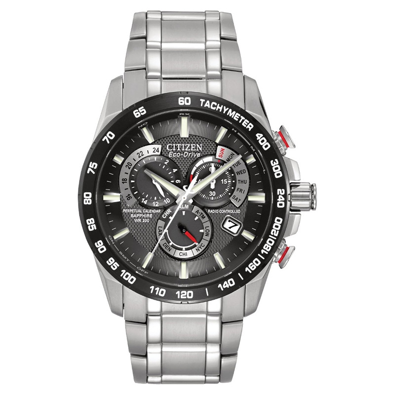 Men's Citizen Eco-Drive® Perpetual A-T Chronograph Watch with Black Dial (Model: AT4008-51E)|Peoples Jewellers