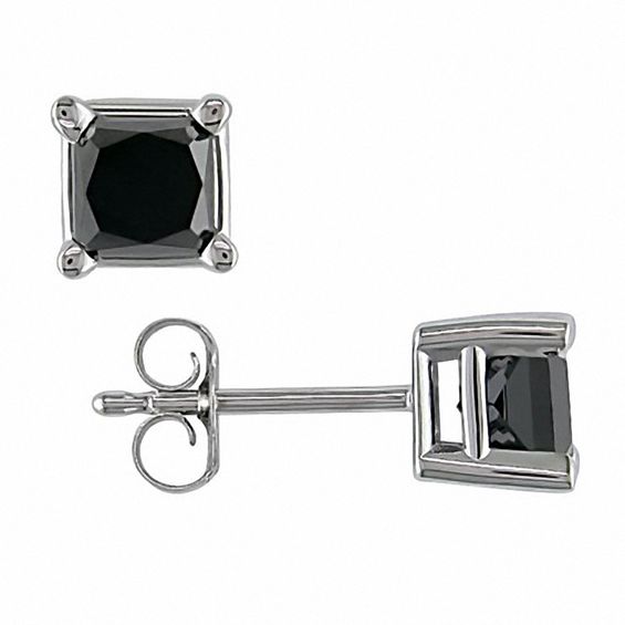 1.00 CT. T.W. Princess-Cut Black Diamond Solitaire Stud Earrings in 14K White Gold