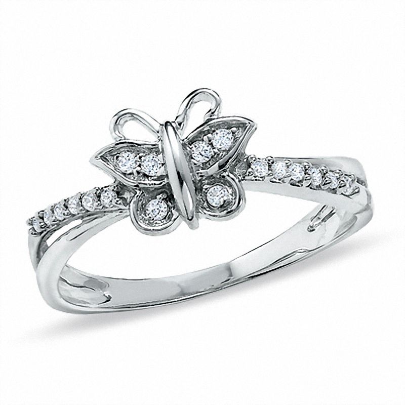 0.10 CT. T.W. Diamond Butterfly Fashion Ring in 10K White Gold