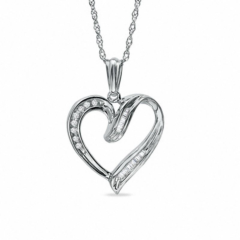 0.10 CT. T.W. Round and Baguette Diamond Heart Pendant in Sterling Silver|Peoples Jewellers