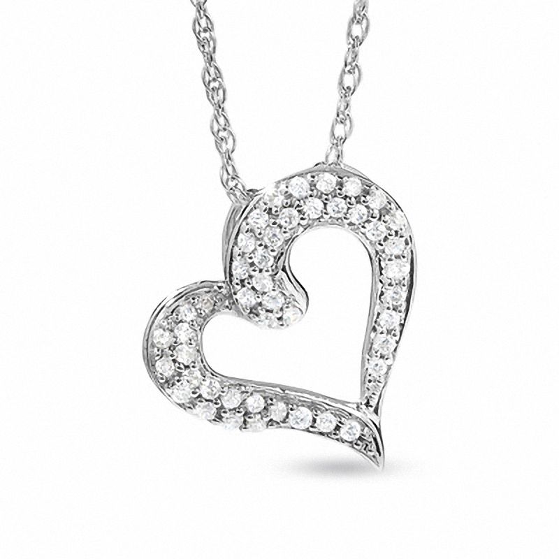 0.20 CT. T.W. Diamond Pavé Tilted Heart Pendant in 10K White Gold|Peoples Jewellers