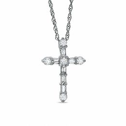 0.25 CT. T.W. Round and Baguette Diamond Cross Pendant in 10K White Gold