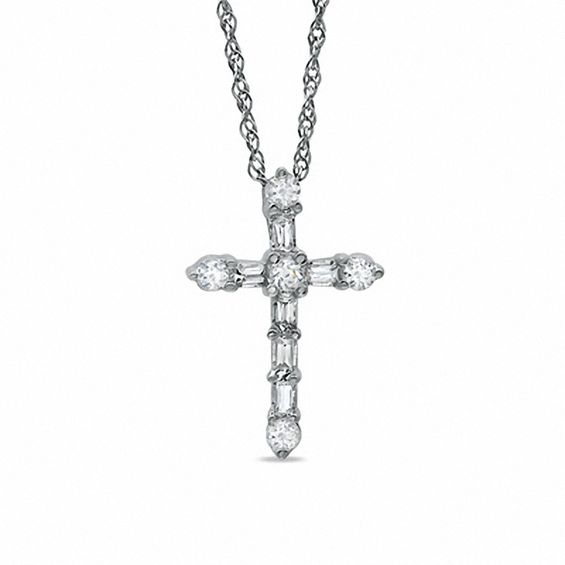 0.25 CT. T.W. Round and Baguette Diamond Cross Pendant in 10K White Gold